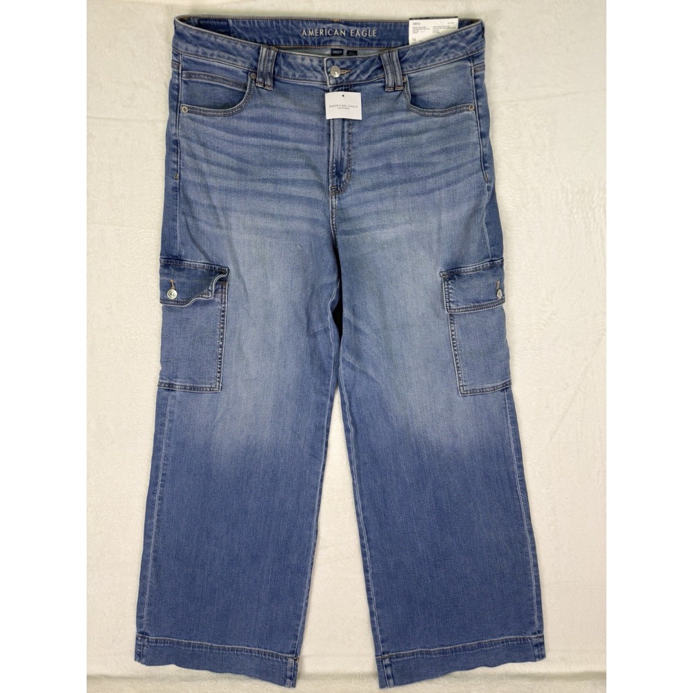 New American Eagle Jeans Womens 16 Long Blue Dreamy Drape Baggy Wide‎ Leg Cargo